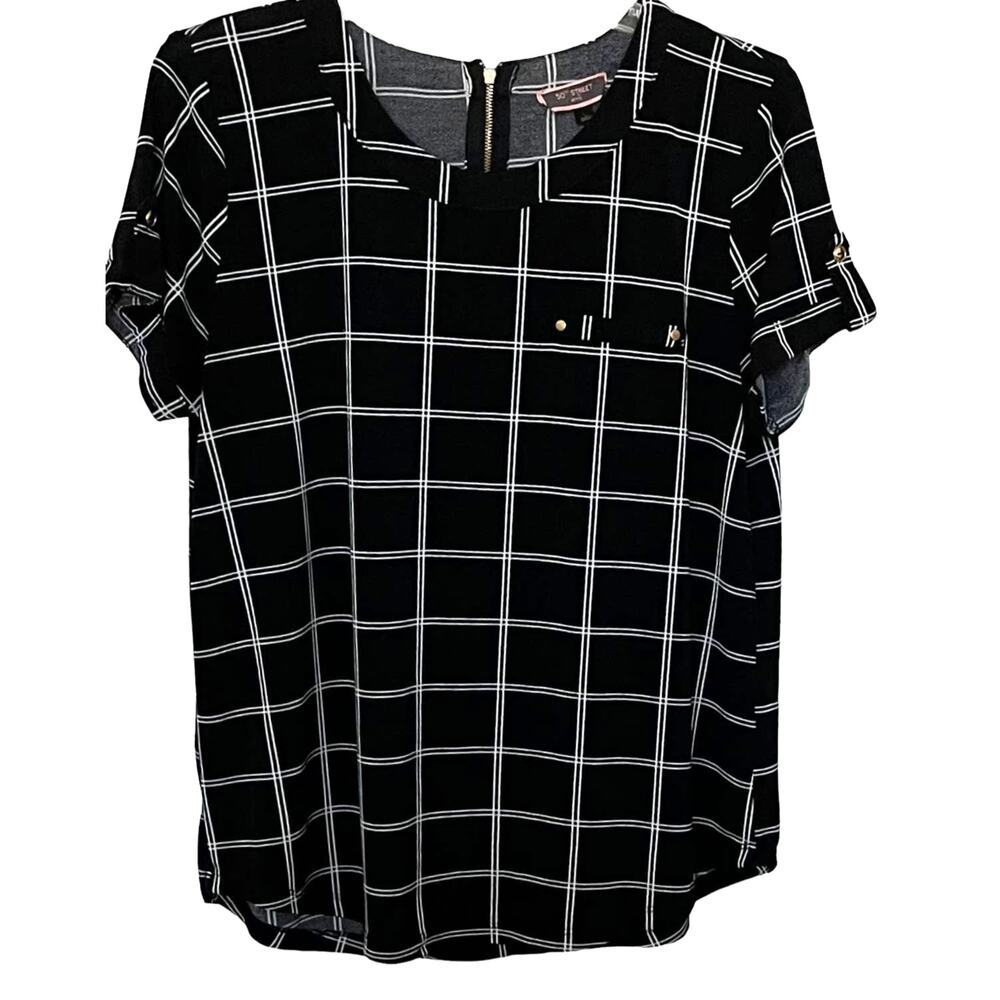 50th STREET PETITE SHORT SLEEVE BLOUSE, WOMENS, PL, BLACK & WHITE SQUARE PATTERN